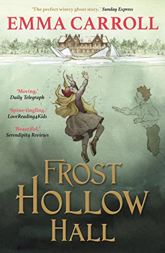 Book cover showing a girl and boy submerged under ice near a large house.