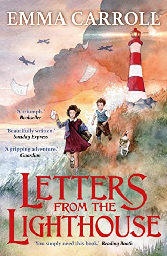 Book cover showing a girl and boy running near a lighthouse with airplanes overhead.