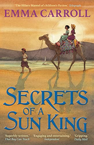 Book cover showing two children riding a camel and one walking along a beach.