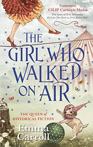 Book cover: girl on a tightrope, dog balancing on a ball.