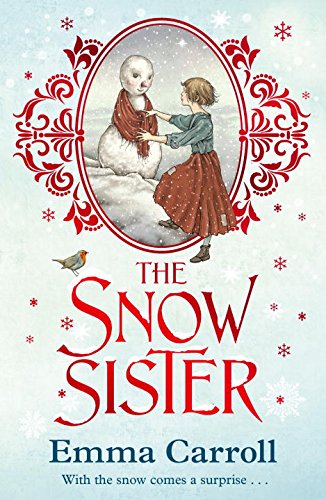 Book cover: girl holding hands with a snowman, surrounded by red floral frame.
