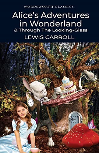 Book cover featuring Alice, the White Rabbit, and a Cheshire Cat in a forest.