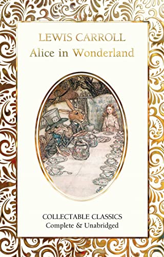 “Alice in Wonderland” book cover with ornate gold design and illustration.