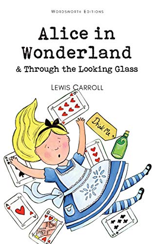 Alice in Wonderland" book cover with illustration of Alice among playing cards.