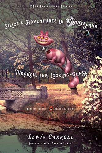 Book cover: Cheshire Cat and caterpillar in a whimsical garden scene.