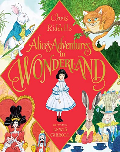 “Alice’s Adventures in Wonderland” book cover with Alice, White Rabbit, and Cheshire Cat.