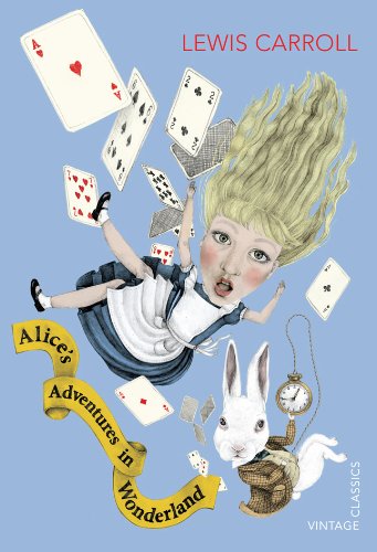 Book cover featuring Alice falling among playing cards with the White Rabbit below.