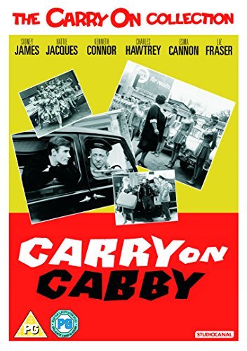 DVD cover for Carry On Cabby featuring black and white film stills on yellow.