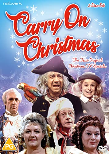 A DVD cover for Carry On Christmas with six people in period costumes smiling.