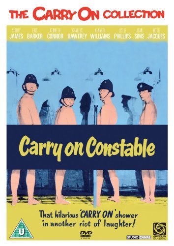 DVD cover for Carry On Constable featuring four policemen in helmets standing in showers.