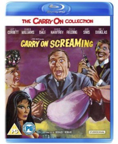 Blu-ray cover for "Carry On Screaming" featuring a frightened man and syringe.