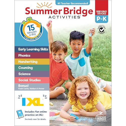 Three children playing with chalk on a sidewalk on a Summer Bridge Activities workbook cover.