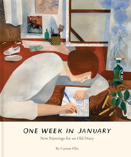Painting of a person writing in a diary by a window, with art supplies.