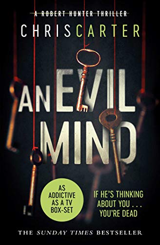 Book cover for An Evil Mind by Chris Carter featuring keys hanging by red strings.