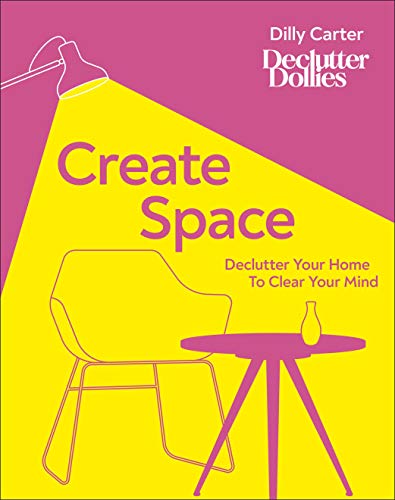 Book cover: "Create Space" with furniture illustration in yellow and pink.