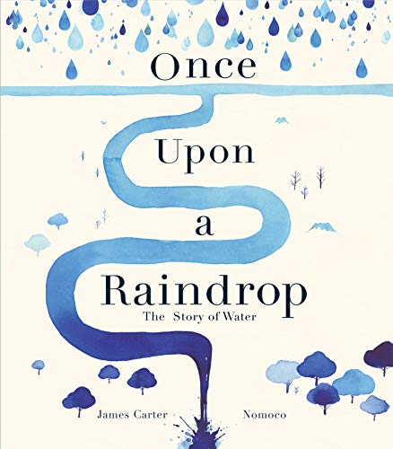 Book cover with blue raindrops falling into a winding river over a cream background.