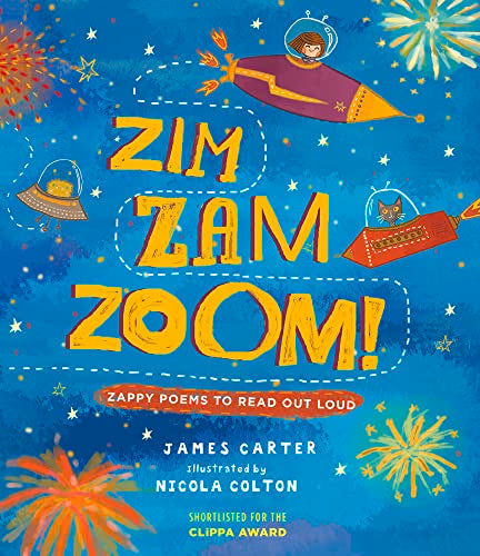Book cover with space theme, rocket ships, stars, and fireworks on a blue background.