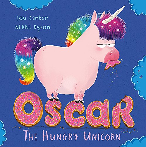 Pink, plump unicorn named Oscar with rainbow mane and tail, eating a donut.