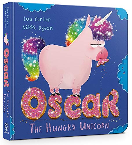 Book cover featuring a pink, cartoon unicorn with a rainbow mane.