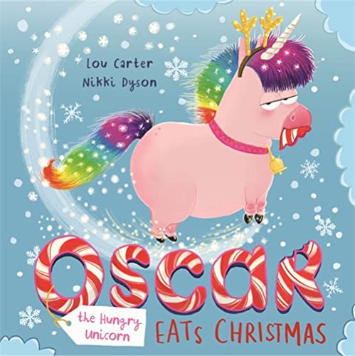 Pink unicorn with rainbow mane and tail, candy cane lettering.