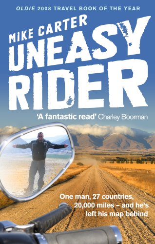 Book cover: “Uneasy Rider” with a motorcyclist reflected in a mirror.