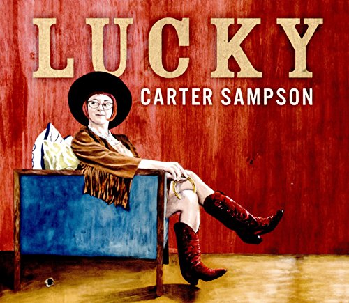 Album cover art for "Lucky" by Carter Sampson, featuring a man sitting on a blue box.