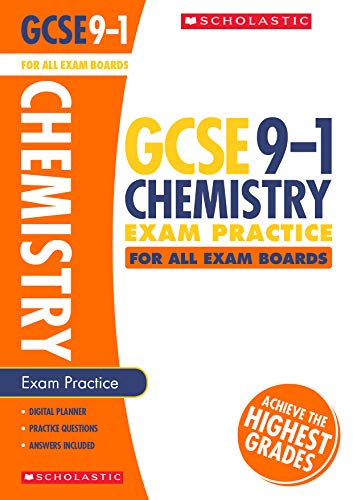 Orange and white GCSE Chemistry exam practice book cover with text.