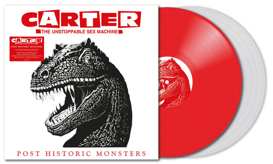 Red vinyl record with monster artwork for “Post Historic Monsters.”