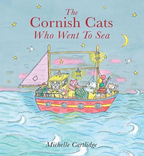 Illustrated book cover showing four cats sailing on a boat at night.