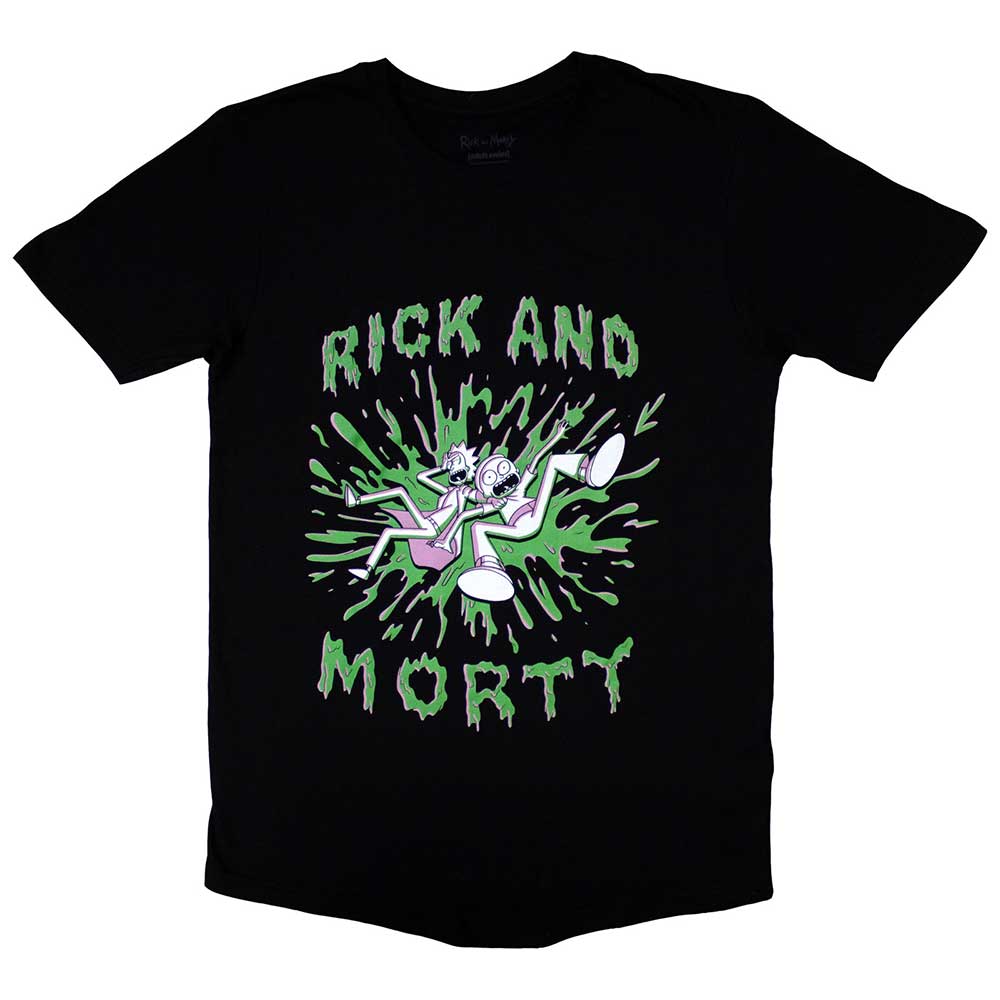 Green splattered Rick and Morty cartoon graphic on a unisex small t-shirt.