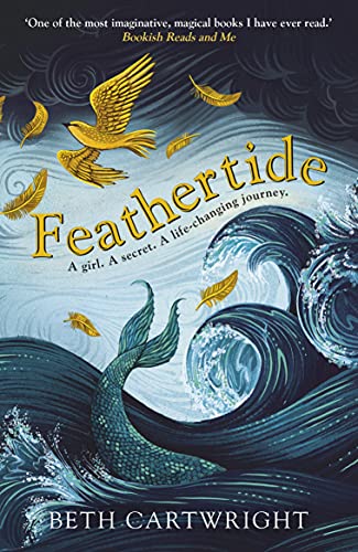 Book cover: “Feathertide” by Beth Cartwright, featuring birds, waves, and a mermaid tail.