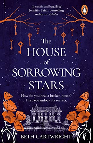 Book cover: dark blue, ornate keys, a large house, and orange flowers.