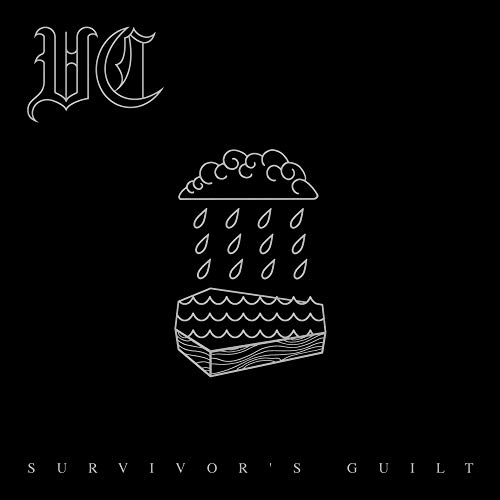 Black album cover with white line drawing of a cake and "SURVIVOR'S GUILT" text.