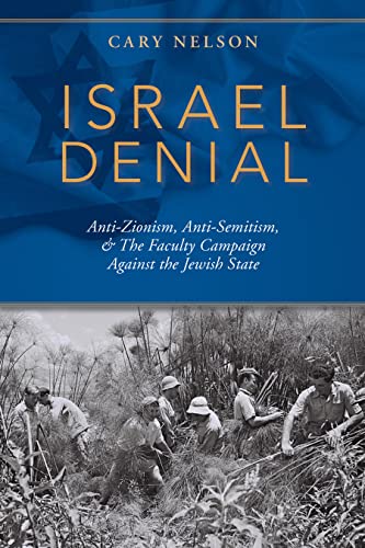 Book cover for “Israel Denial” with a Star of David and field workers.