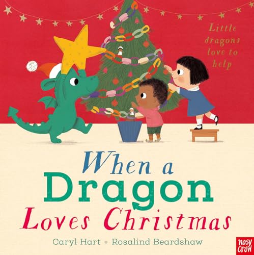Green dragon, children decorating a Christmas tree, book cover illustration.