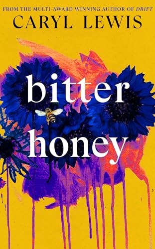 Book cover: dark blue flower, dripping paint, and a bee on yellow.