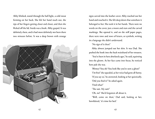 Open book with illustration of a girl kneeling before a treasure chest.