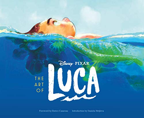 A sea monster character floats in blue water above the book title The Art of Luca.