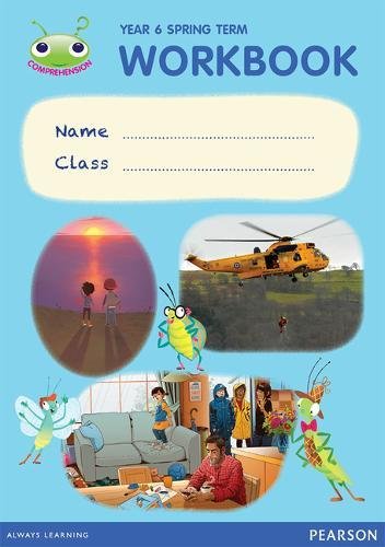 "Blue workbook cover with cartoon bugs and images of people, helicopter, and classroom scenes."