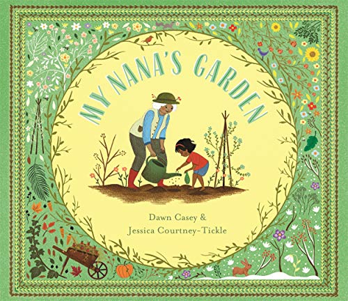 An older woman and a young child garden together in a circular floral frame.
