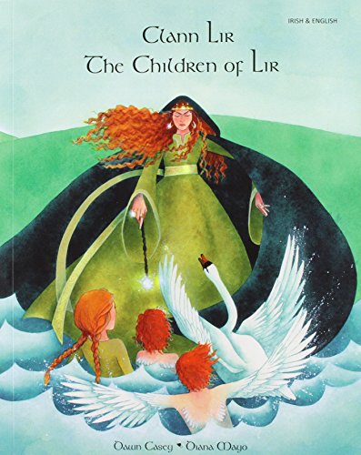 Book cover depicting a woman with red hair and children transforming into swans.