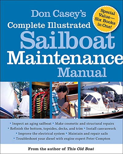Blue sailboat maintenance manual cover with images of repairs and diagrams.