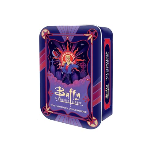 Blue tin containing "Buffy the Vampire Slayer" tarot deck and guidebook.