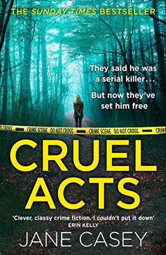 Book cover: dark forest, lone figure, bold yellow title "Cruel Acts".