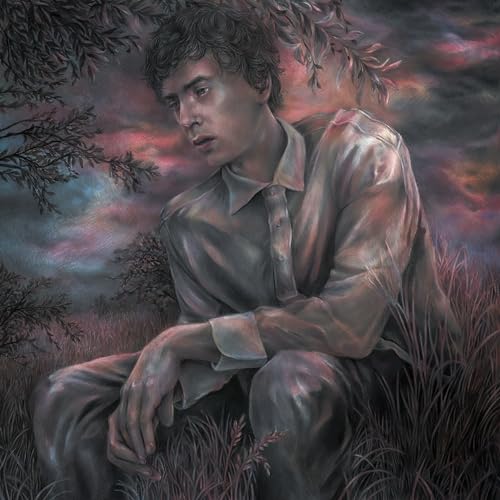 Painted portrait of a man in a suit, kneeling in tall grass.