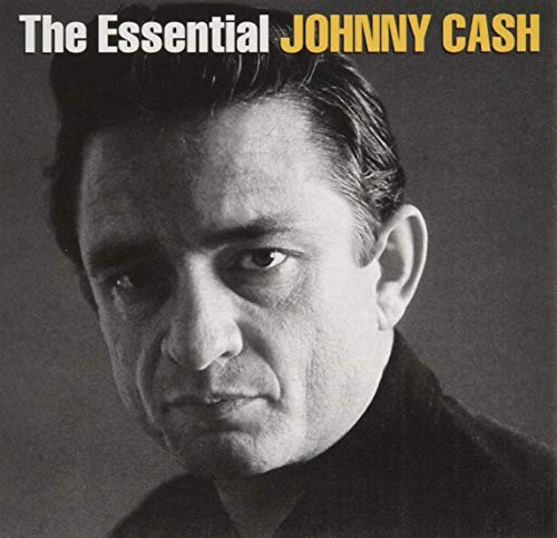 Black and white portrait of Johnny Cash on an album cover.