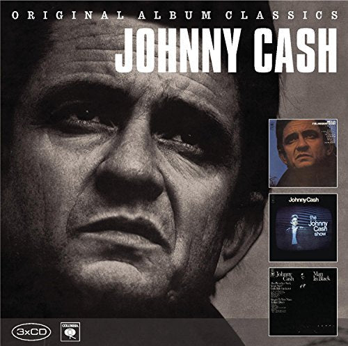 Black and white portrait of Johnny Cash on a 3xCD album cover.