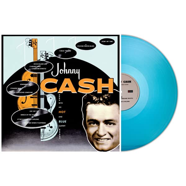 Johnny Cash album cover with turquoise vinyl record shown beside it.