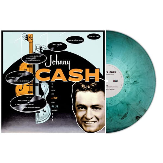 Johnny Cash album cover with portrait and teal vinyl record shown.