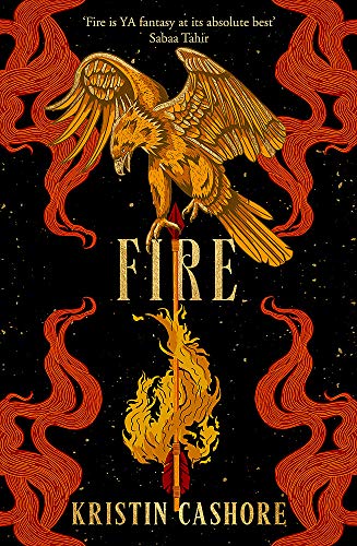 Book cover for Fire featuring a golden eagle perched on a flaming arrow.